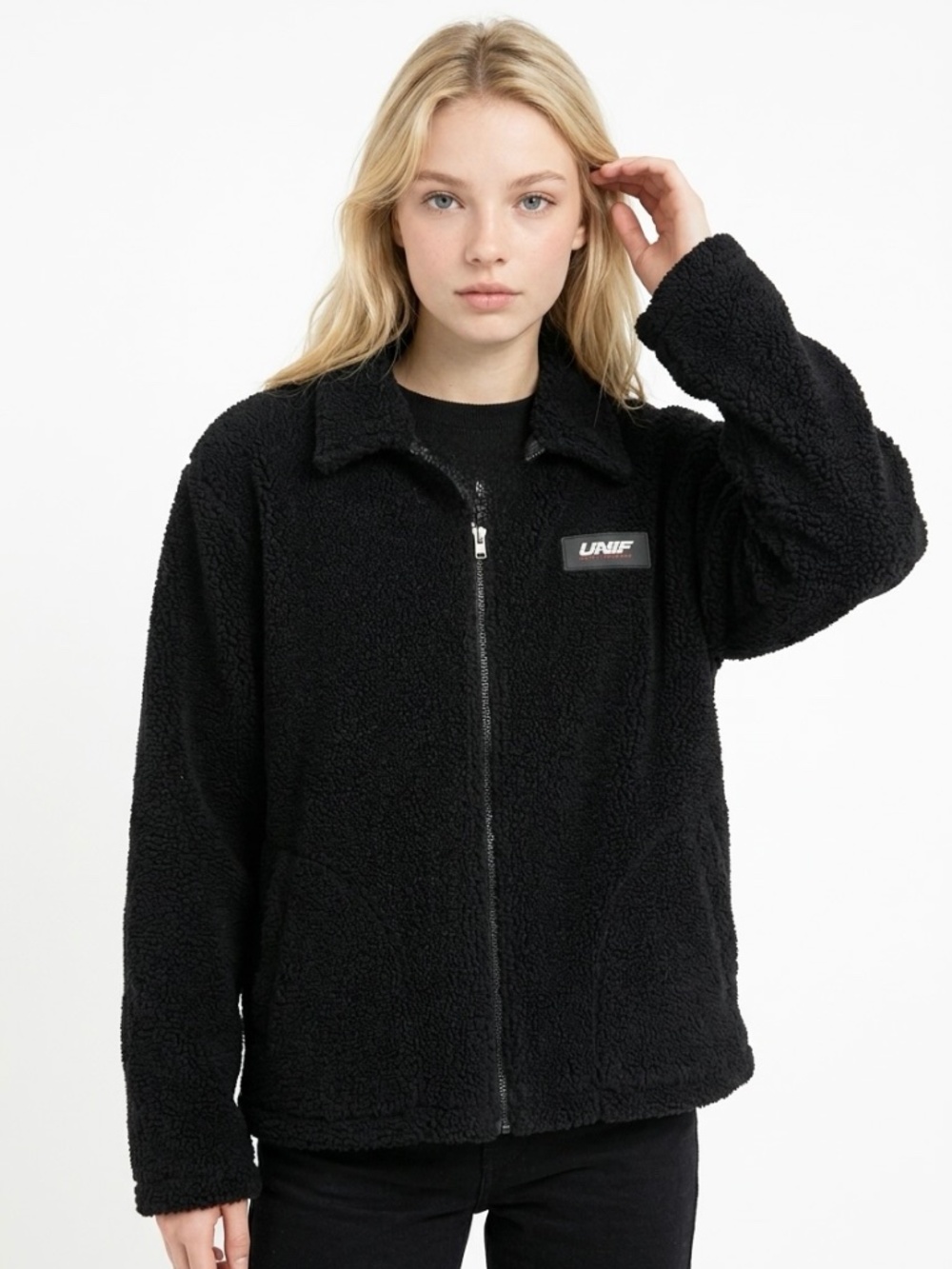 UNIF • Black Sherpa Teddy Fleece Zip Jacket Oversized Streetwear Large